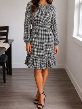 J. Crew Black and White Houndstooth Long-Sleeve Ruffle-Hem Dress NWT